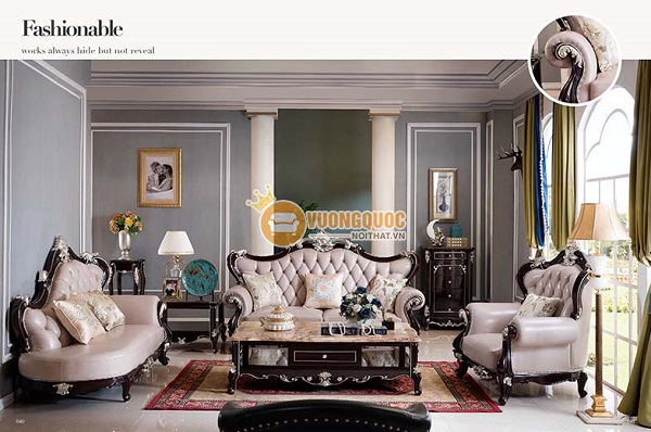 Bàn ghế sofa gỗ phòng khách phong cách cổ điển Pháp